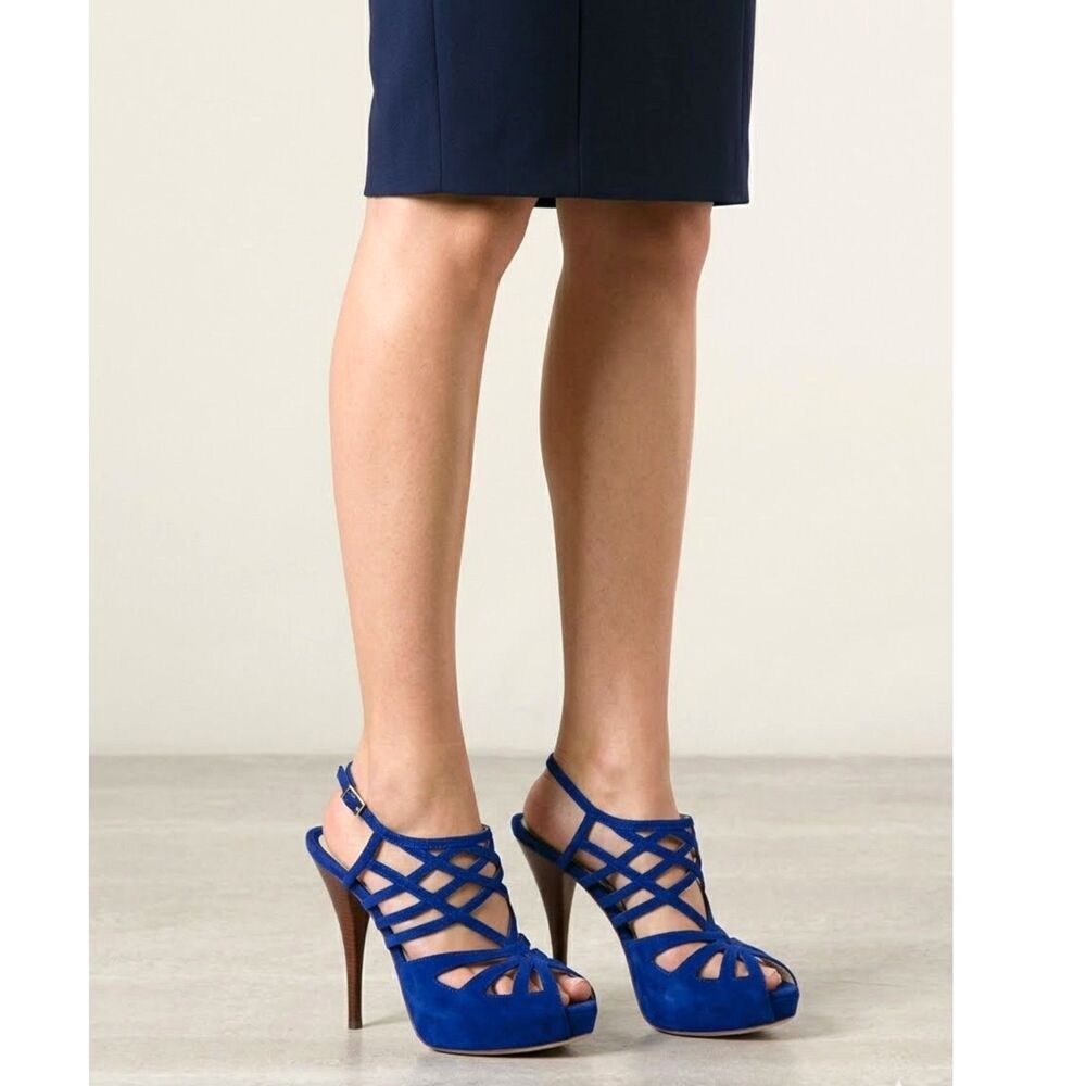 Fendi Stiletto Sandals 38 Caged Strappy Sexy Date Glam Vegas Wedding Bridal Blue